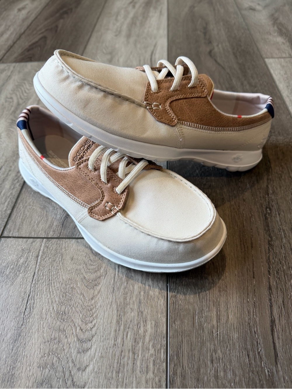 Skechers- Go Flex Radiant White and Brown Canvas Suede Boat Shoes - Picture 1 of 9